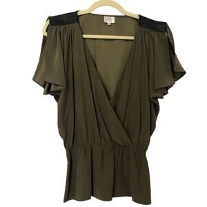 Parker Army Green Silk Wrap Front Blouse Peplum Womens S Flutter Sleeve Y2K
